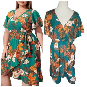 Floral Faux Wrap Dress in Teal and Orange Women's Plus Size XXL